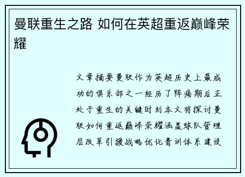 曼联重生之路 如何在英超重返巅峰荣耀
